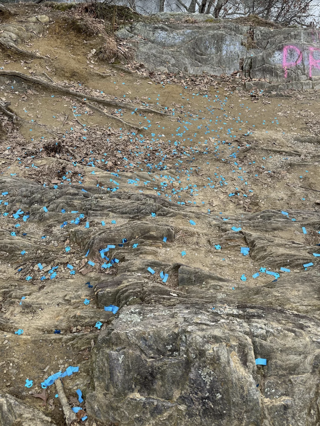 Rocky dirt trail covered in scattered blue confetti with some graffiti visible on nearby rocks. No people are present in the image