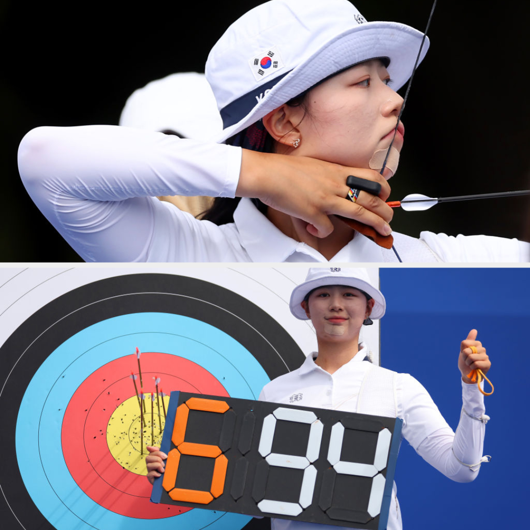 An archer, likely representing South Korea, is seen preparing to shoot an arrow and holding a scoreboard showing 684 next to a target with arrows