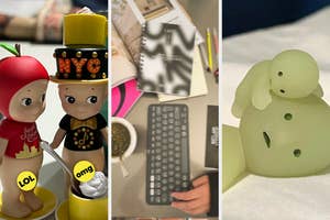 Three-image collage: Left: NYC-themed Sonny Angels dolls with "LOL" and "OMG" captions. Middle: Hands typing on a keyboard near planners. Right: Glow-in-the-dark figure on a nightlight