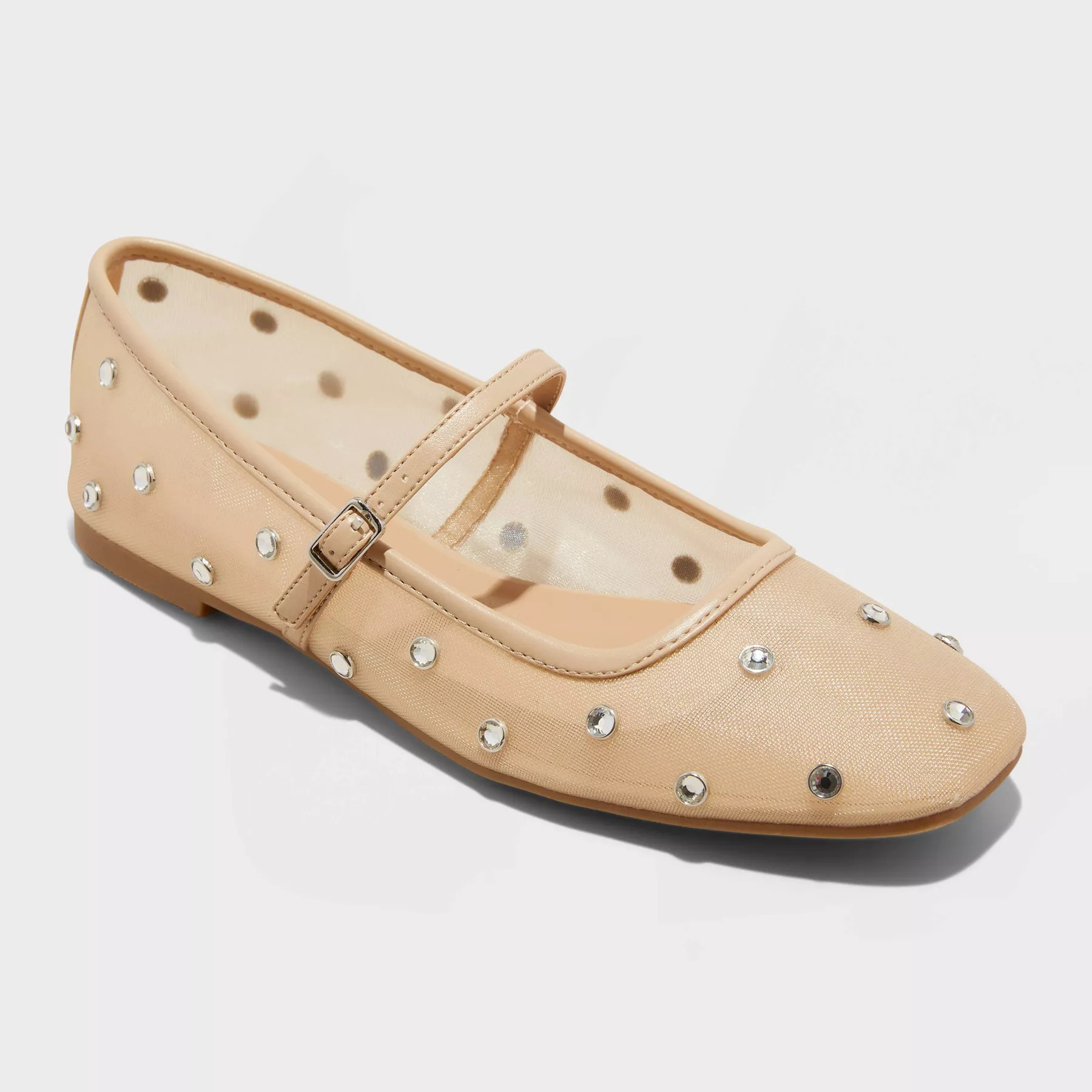 Ballet flat with a strap in beige mesh, adorned with small, round rhinestones, suitable for casual or semi-formal wear