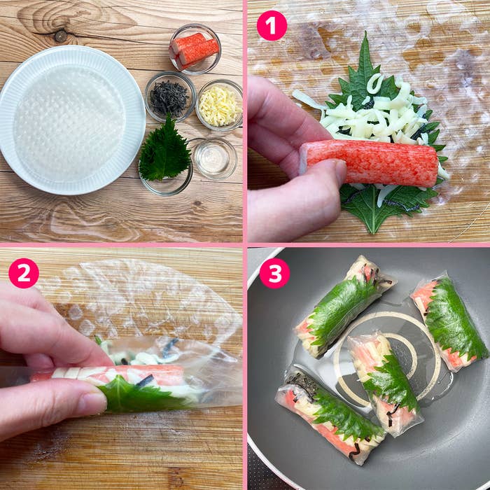 画像はカニカマと大葉を使用した料理の作り方を示しています。順番に具材を巻いて、それをフライパンで焼いています。