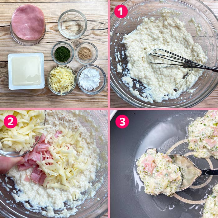 材料混ぜからフライパンで焼く手順を順番に示しています。