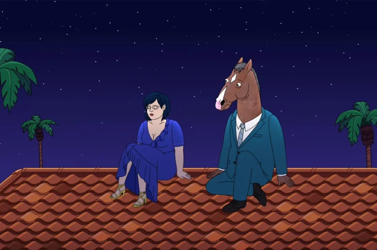 Diane Nguyen and BoJack Horseman sit on a rooftop at night, with palm trees in the background. Diane wears a blue dress, and BoJack is in a suit