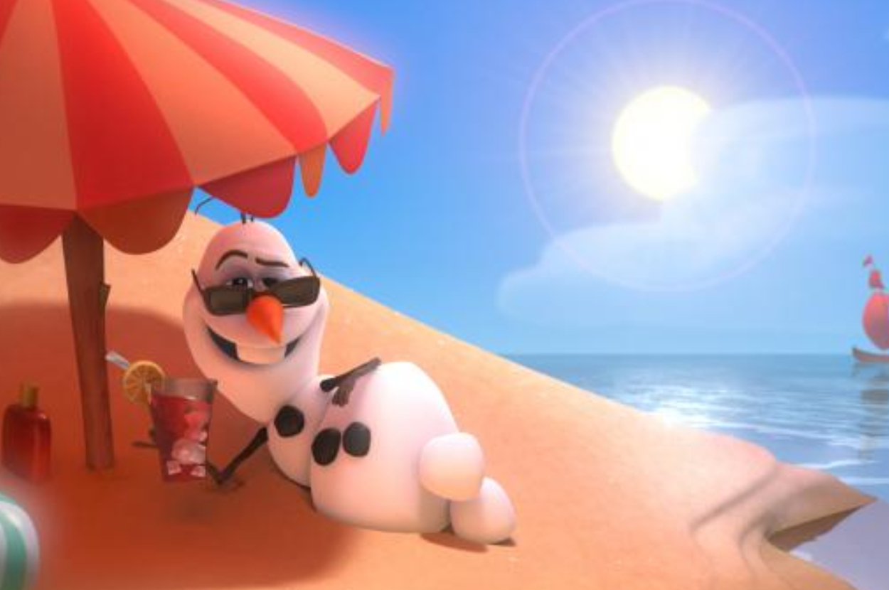 Olaf from Frozen relaxes on a sandy beach under a striped umbrella, holding a drink with sunglasses on. There is a bright sun and a ship in the background