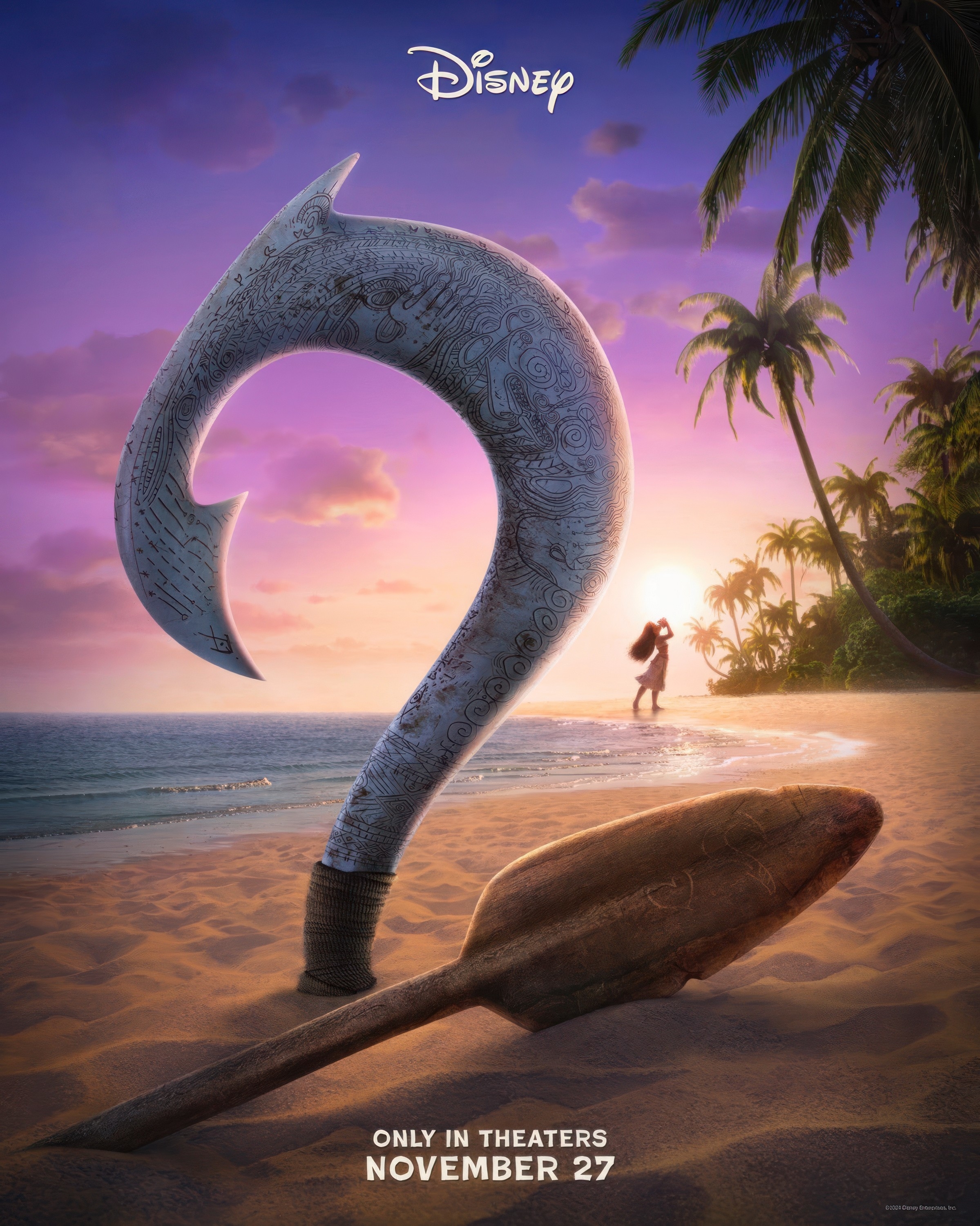 Promotional poster for Disney's "Moana" showing Maui's fishhook and Moana on a beach at sunset with the text "Only in Theaters November 27."
