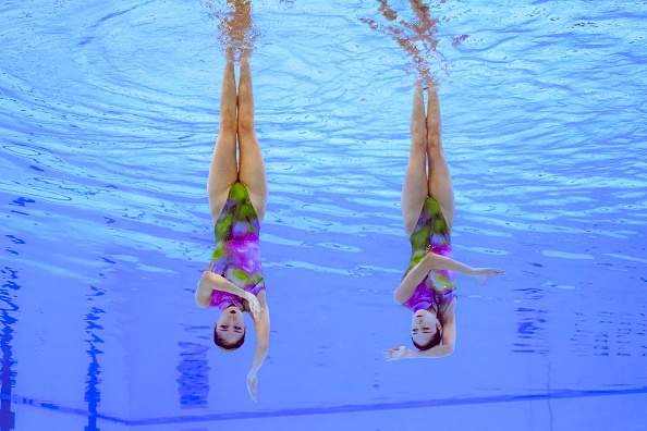 Synchronized swimmers performing in a pool, captured underwater, showcasing their mirror-like precision. Names of swimmers not visible