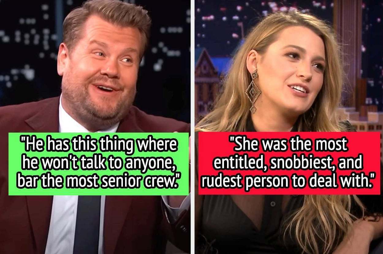James Corden speaking animatedly on a talk show; Blake Lively on another talk show. Inset text quotes their remarks about other people