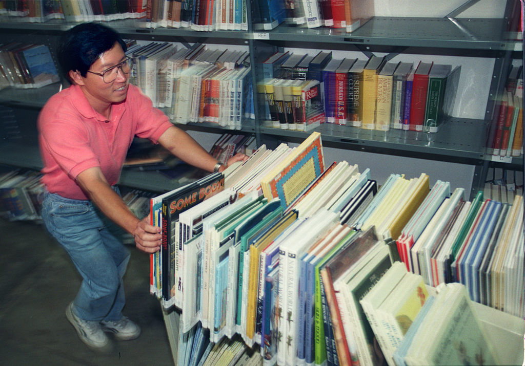 Person arranging books on a library shelf, wearing glasses and a collared shirt. Shelves behind are filled with various books