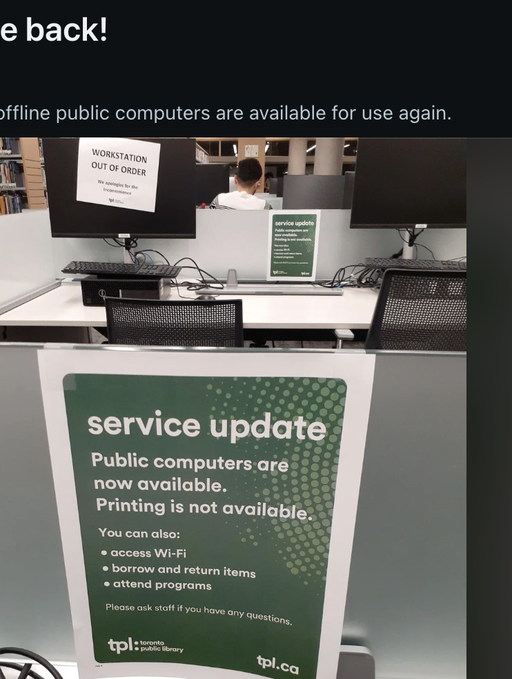 Reddit post by u/toronto titled &quot;Library Computers are back!&quot; showing a service update sign: &quot;Public computers are now available. Printing is not available.&quot;