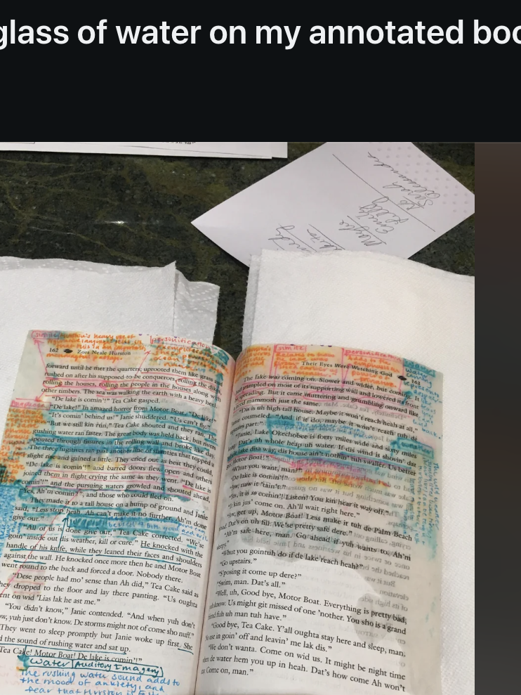 Reddit post on r/teenagers showing a textbook page covered in spilled colorful ink, with the caption: &quot;I just spilled a whole glass of water on my annotated book that’s due tomorrow&quot;