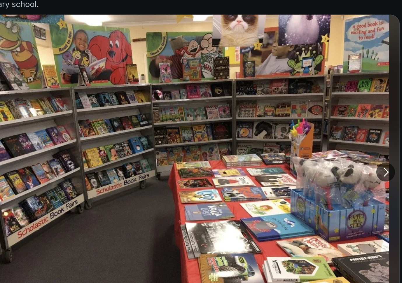 A Reddit thread discussing Scholastic Book Fairs with a user comment mentioning Deltona Quest as their favorite series. The image shows various books displayed at a fair
