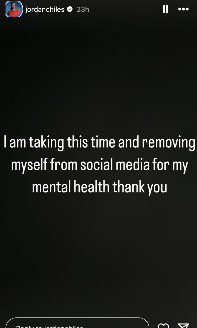 Jordan Chiles' social media post: "I am taking this time and removing myself from social media for my mental health thank you."