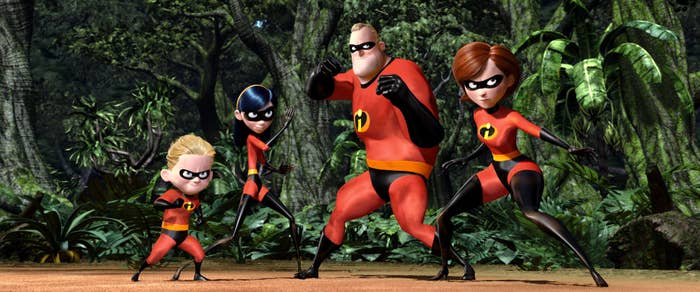 The Incredibles family, including Jack-Jack, Violet, Mr. Incredible, and Elastigirl, in superhero poses in a jungle setting