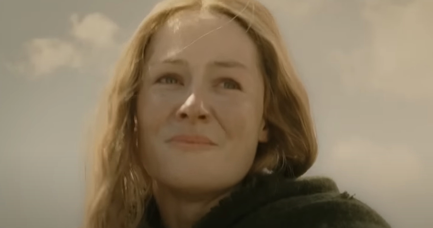 Miranda Otto as Éowyn from "The Lord of the Rings" gazes ahead with a slightly melancholic expression