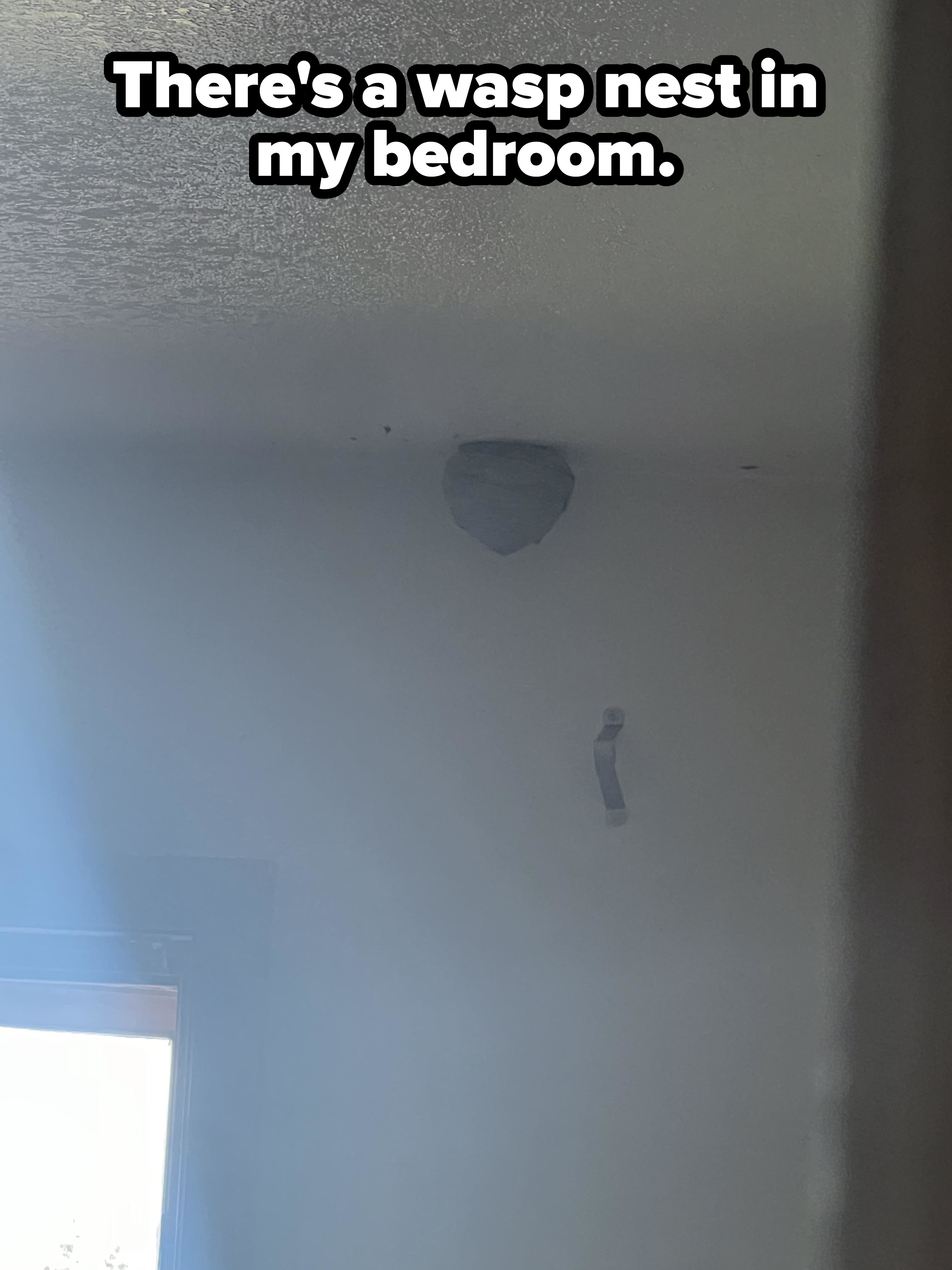 A room with a damaged ceiling has a hole with a hanging chunk and a piece of tape nearby. Natural light shines through a window onto the wall