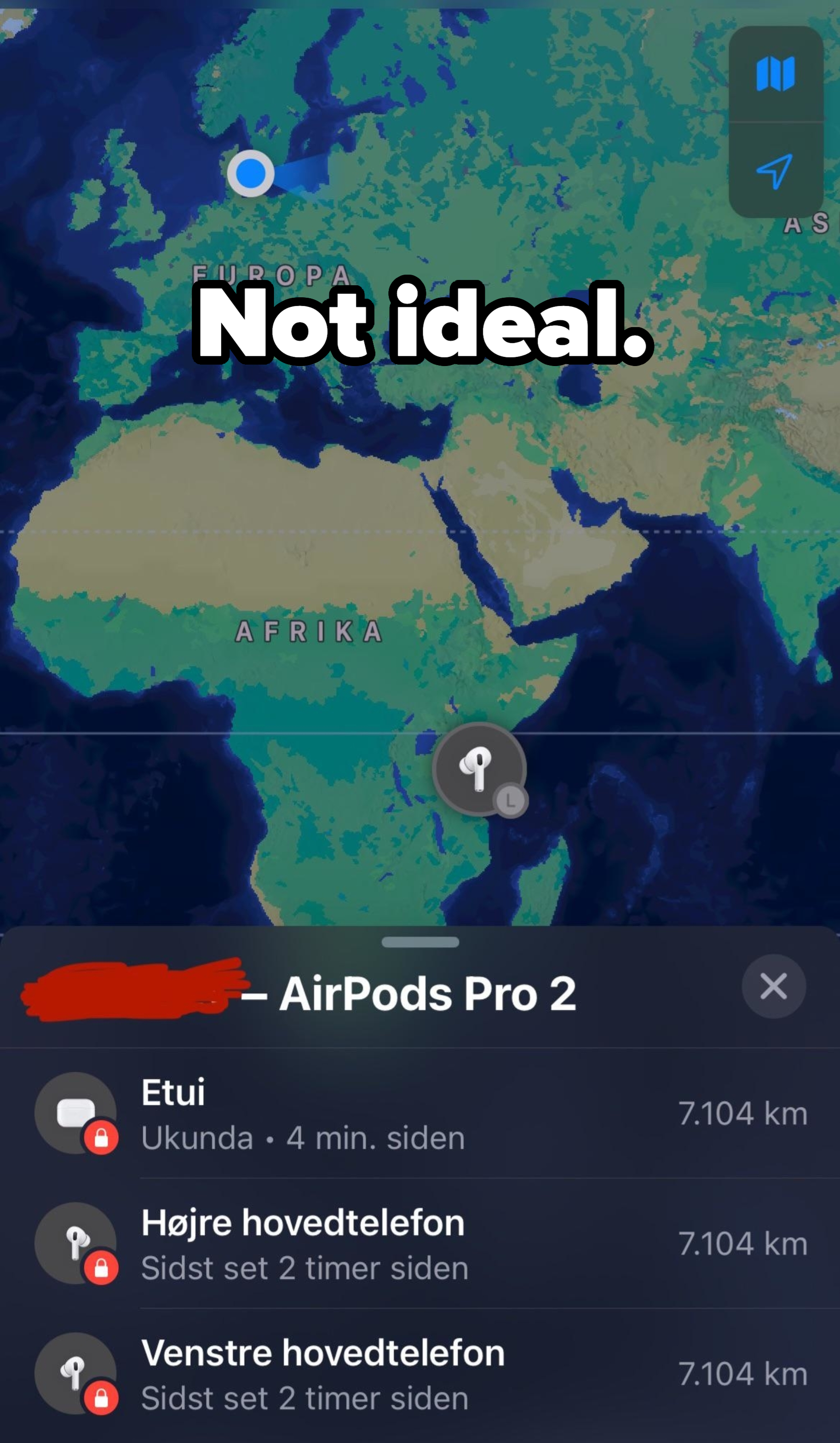 Map showing locations of AirPods Pro 2 with an overlay menu indicating the last known locations of "Etui," "Højre hovedtelefon," and "Venstre hovedtelefon."