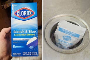 L: a reviewer holding a box of clorox toilet tank tablets, R: a disposer care pouch inside of sink drain 