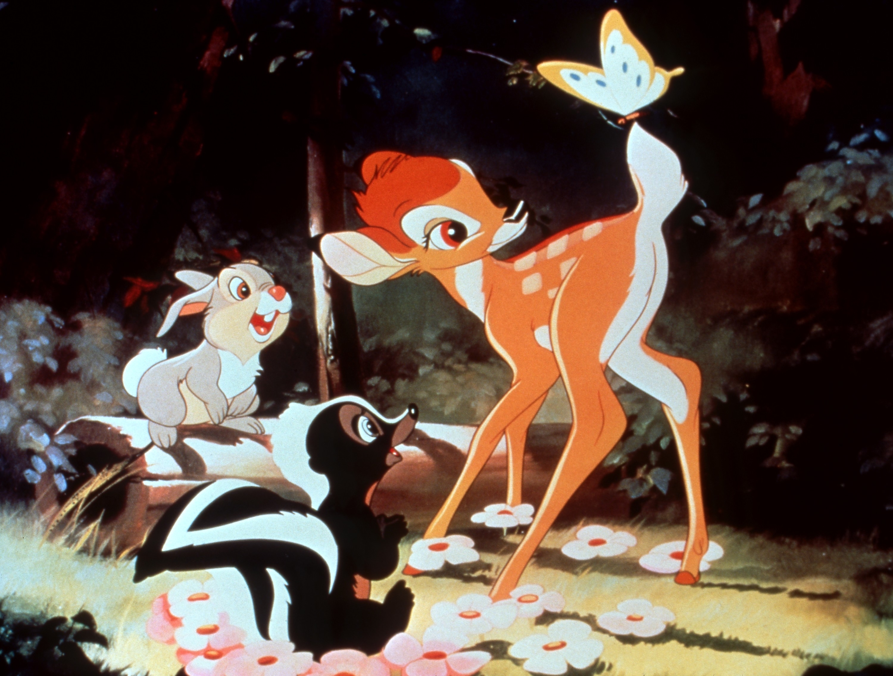 Bambi, Thumper, and Flower standing outdoors in a forest setting in a scene from "Bambi"
