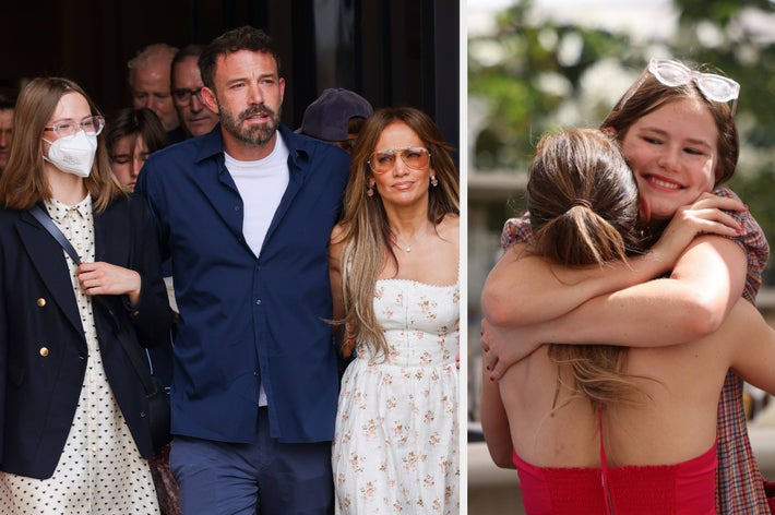 Ben Affleck, Jennifer Lopez, and a woman wearing a mask walk outside. Beside this, a photo shows a young girl in a red dress hugging someone