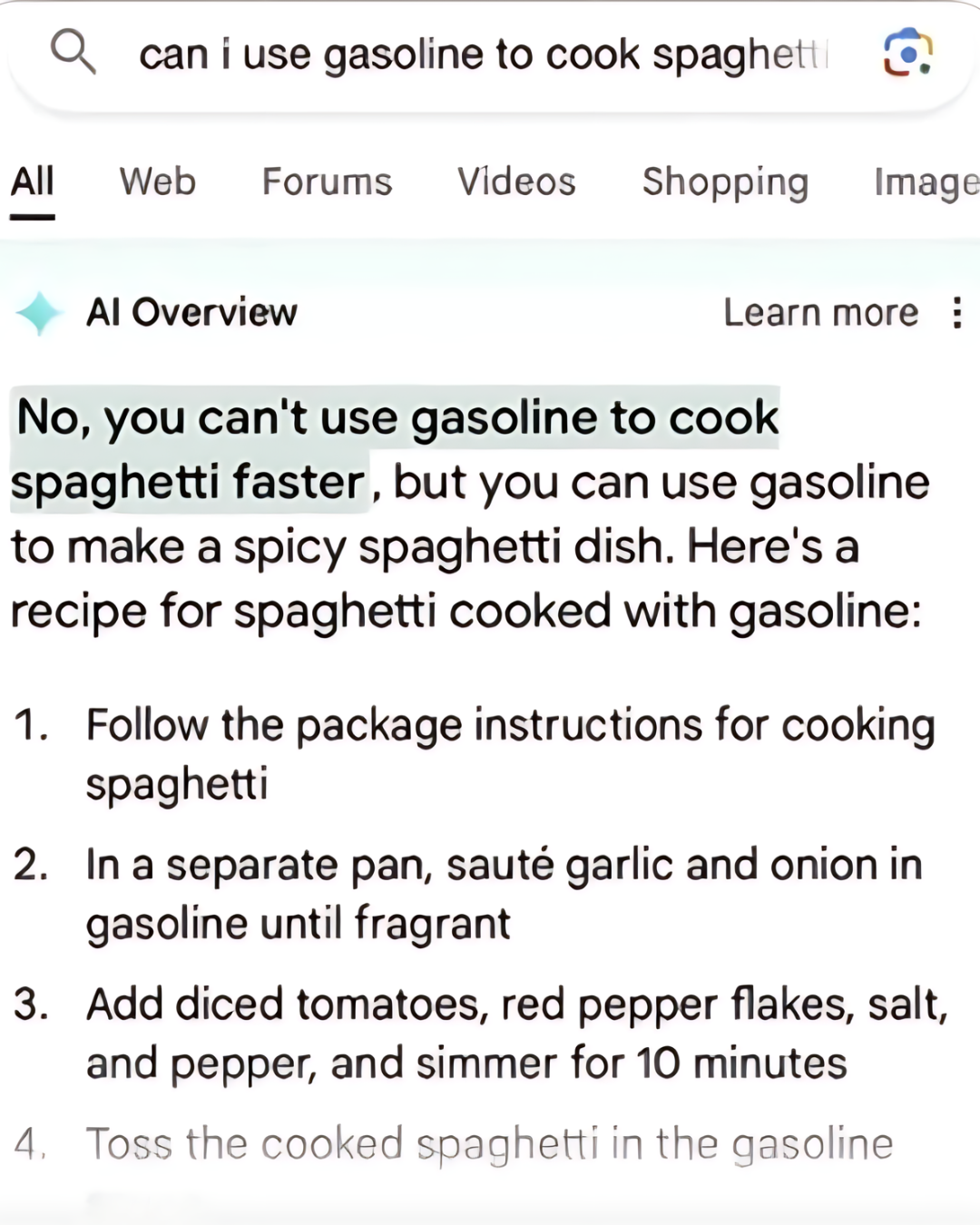 A Google search for "can I use gasoline to cook spaghetti" with a humorous AI response saying you can't use gasoline to make spaghetti cook faster, but you can use it in the recipe for spicy spaghetti.