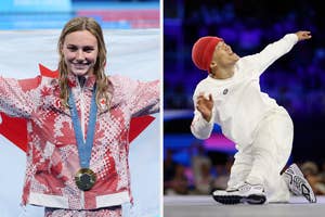 On the left, Canadian swimmer Summer McIntosh celebrates with a medal. On the right, synchronized divers perform a tuck dive mid-air in a competition