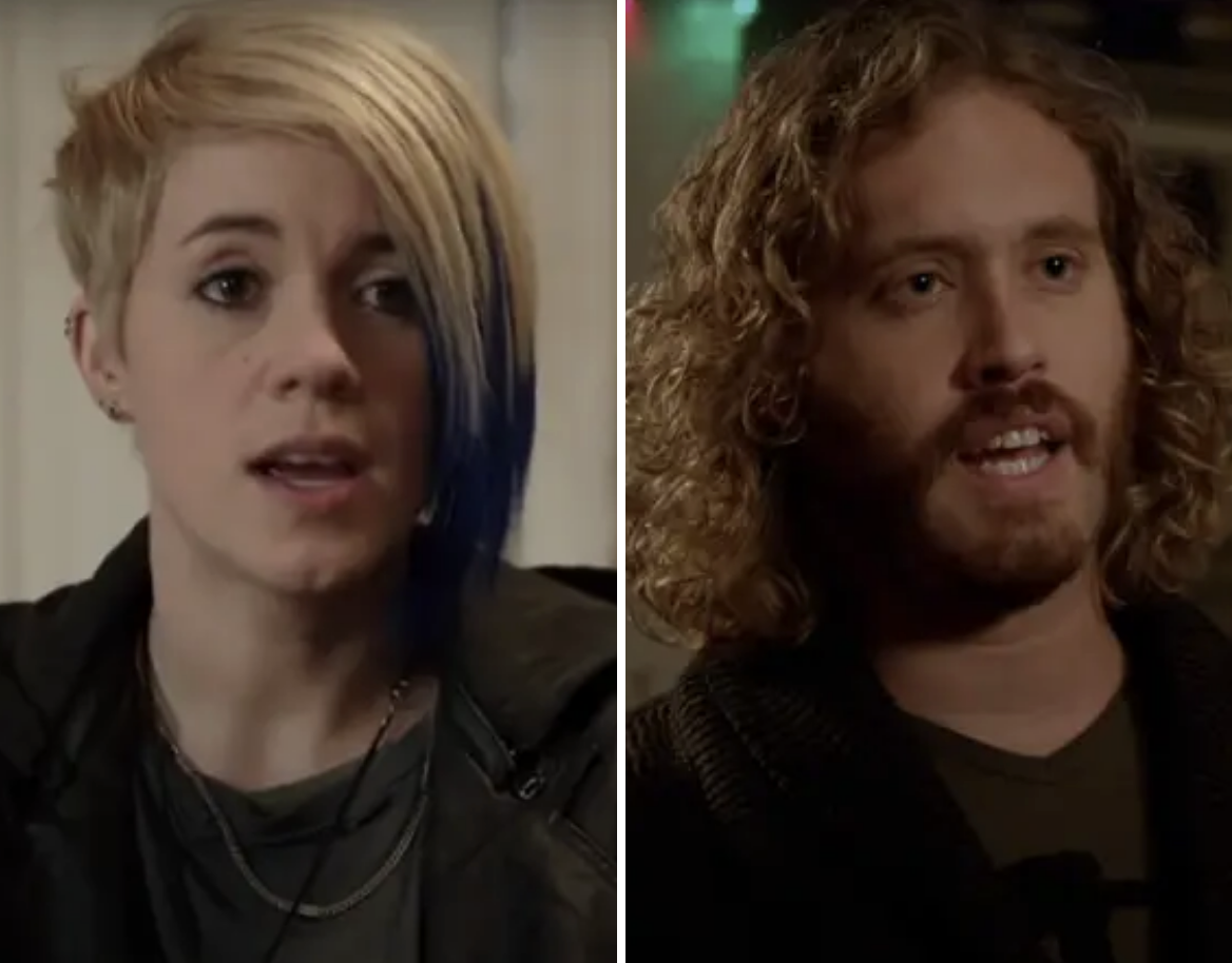 Image features portraits of Alice with short layered hair on the left and T.J. with curly hair and a beard on the right. Both wear casual clothing