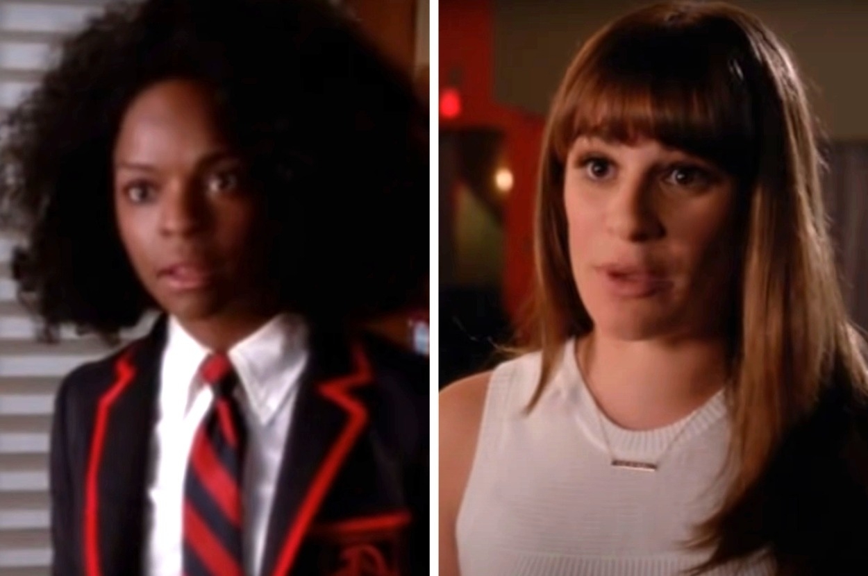 Samantha in a school uniform and Lea in a casual top, both in separate scenes from Glee, in a split-screen image