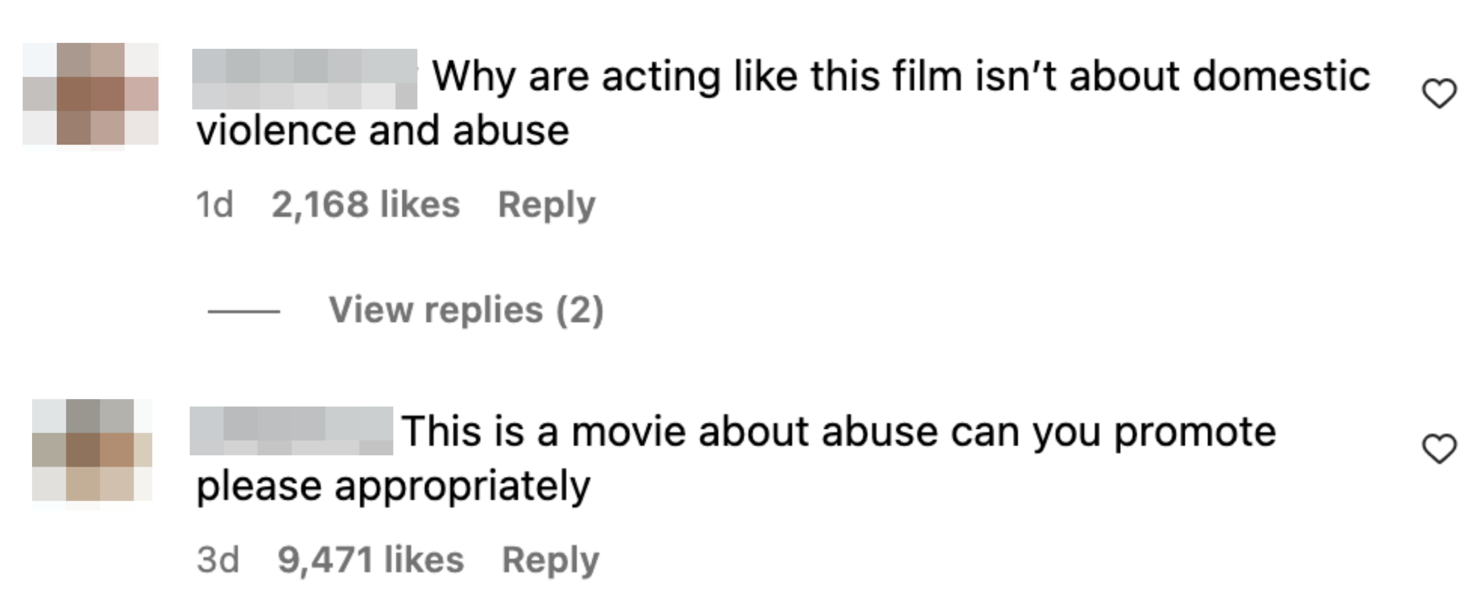 Social media comments discussing a film&#x27;s theme of domestic violence and abuse. One comment by abbileterry and another by sinem.ks express concerns about its promotion