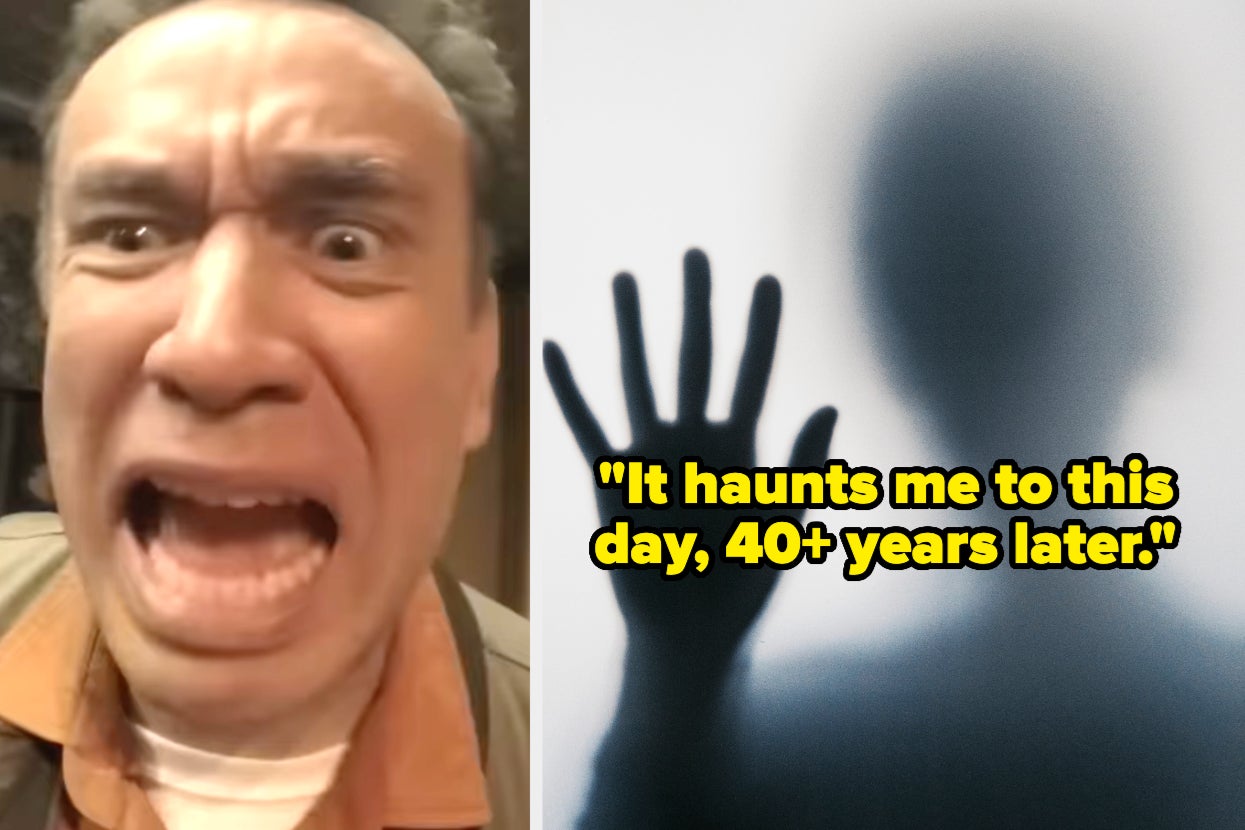 On the left, a person is screaming. On the right, a shadowed hand pressed against foggy glass with the text: "It haunts me to this day, 40+ years later."