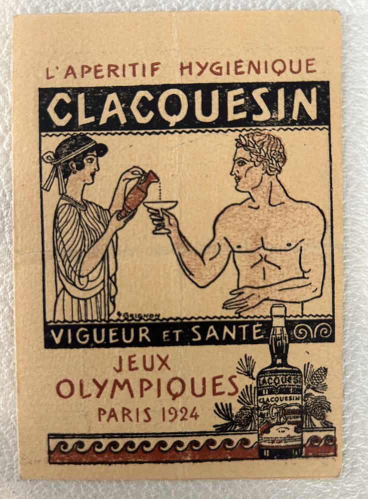 for Clacquesin, a beverage, promoting vigor and health for the 1924 Summer Olympics in Paris. An ancient figure pours a drink for another