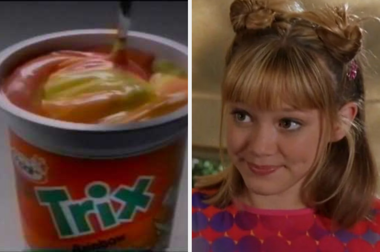 Trix yogurt container on the left. Hilary Duff in colorful attire with multi-bun hairstyle on the right