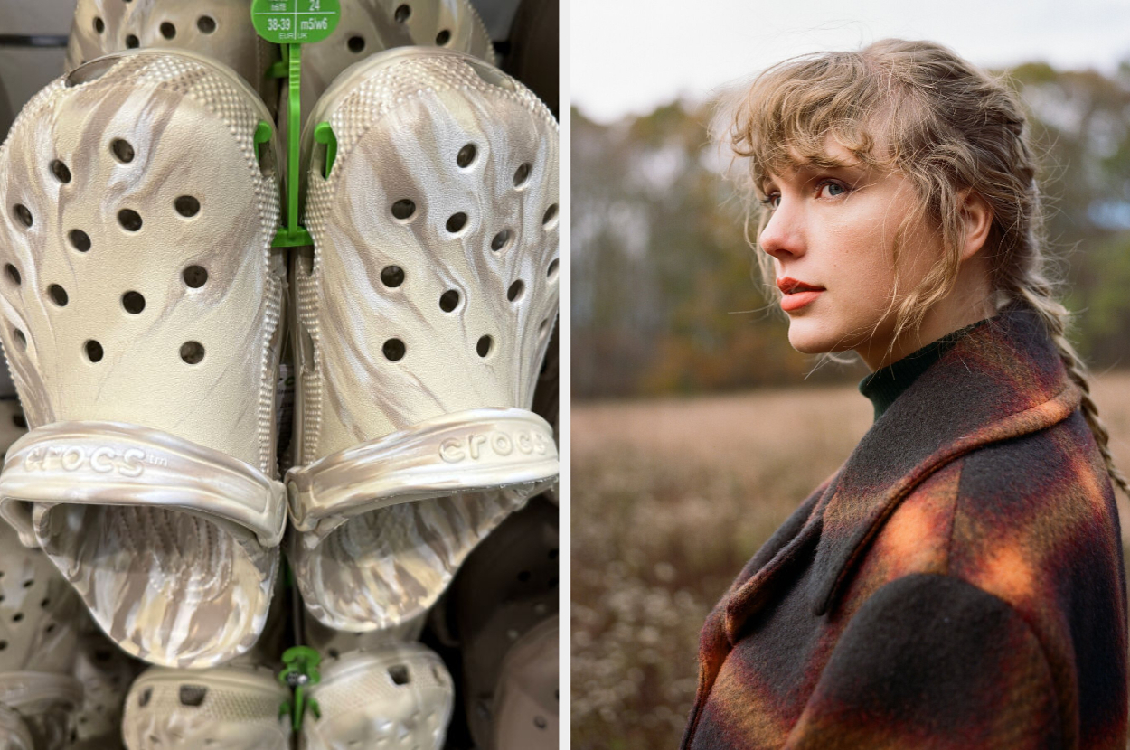 Left: Close-up of a pair of white Crocs hanging on a display. Right: Side profile of a woman with braided hair (name unknown) in an outdoor setting wearing a plaid coat