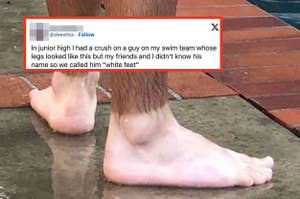 Close-up of a person's bare feet near a pool, with a tweet from @deeskha saying, "In junior high I had a crush on a guy on my swim team whose legs looked like this but my friends and I didn’t know his name so we called him 'white feet'."