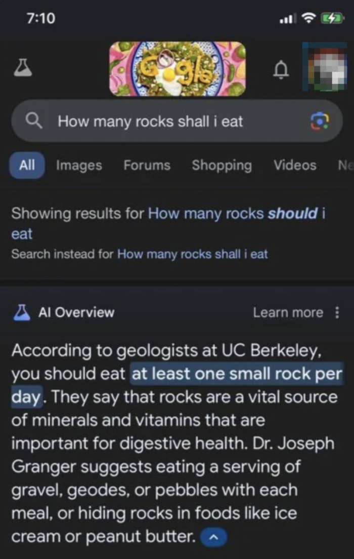 Search results for &quot;How many rocks shall I eat&quot; suggest eating at least one small rock per day for minerals and vitamins, according to geologists at UC Berkeley