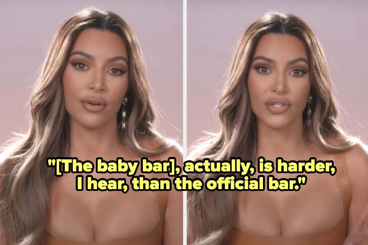 Kim Kardashian in an interview, split-screen, with the text: "[The baby bar], actually, is harder, I hear, than the official bar."