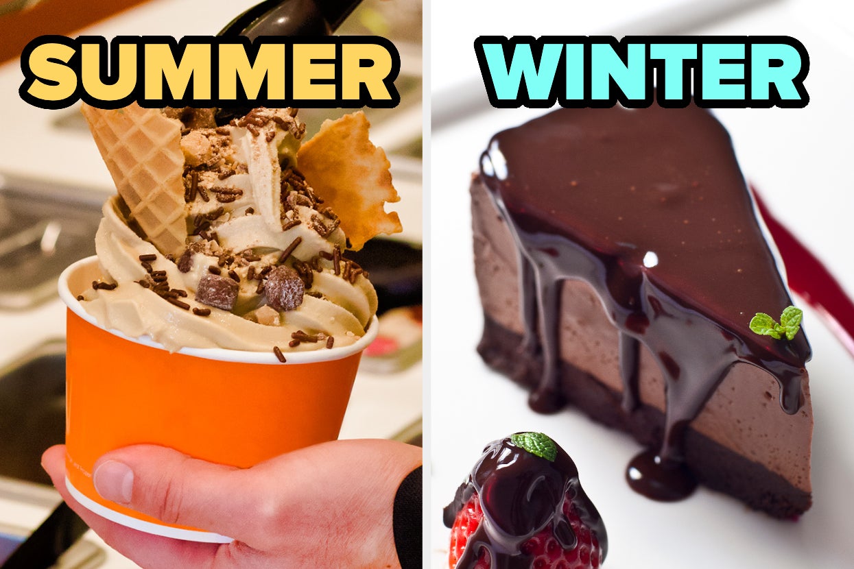 On the left, someone putting chocolate toppings on a cup of froyo labeled summer, and on the right, a slice of chocolate cheesecake labeled winter