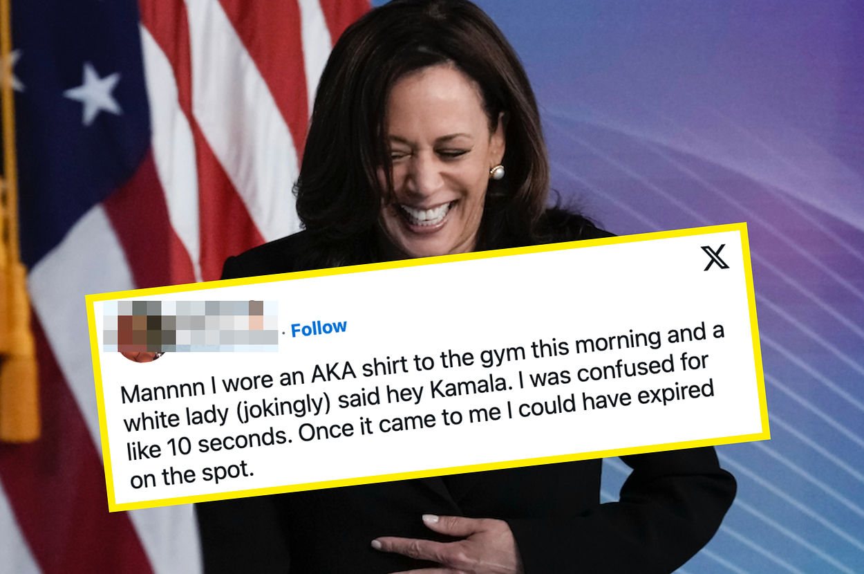 Kamala Harris stands smiling in front of U.S. flags. Tweet overlay by RayBae says a white lady mistook her for Kamala Harris at the gym, causing momentary confusion