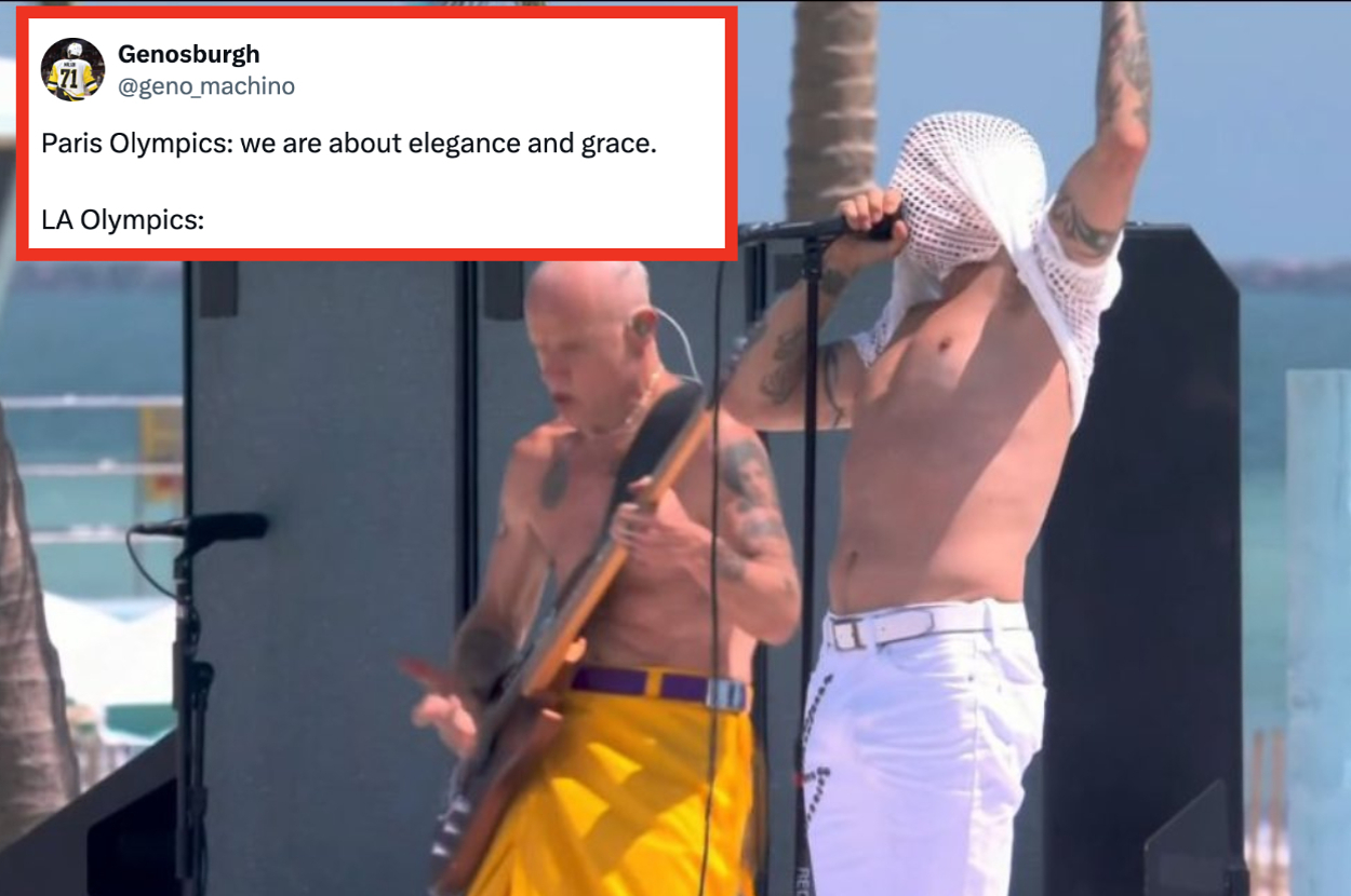 Anthony Kiedis and Flea perform on stage; Kiedis has a shirt covering his head and no shirt, and Flea is shirtless in a skirt playing guitar. A tweet is overlaid, reading: "Paris Olympics: we are about elegance and grace. LA Olympics:"