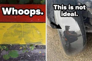 Left: A yellow bike path sign appears partially covered with painted feet, obscuring its purpose. Right: A worn tire with a visible reflection of a person. Text reads "Whoops" and "This is not ideal."