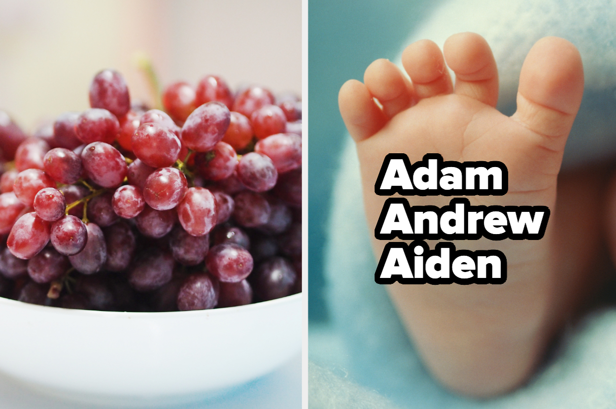 A bowl of red grapes next to a close-up of a baby foot with the text "Adam, Andrew, Aiden" overlaid