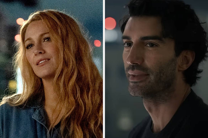 Left: Blake Lively with long wavy hair in a casual outfit. Right: Justin Baldoni with short hair and a trimmed beard, wearing a simple shirt