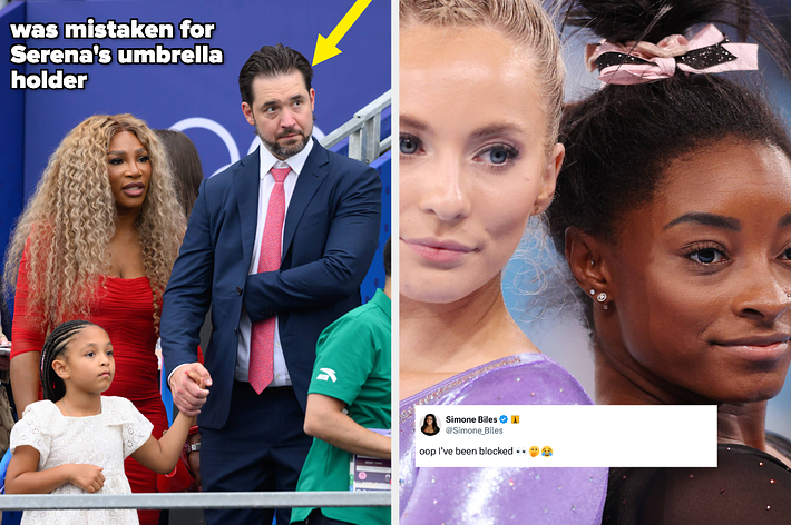 Serena Williams holding her daughter's hand with Alexis Ohanian vs MyKayla Skinner and Simone Biles in gymnastics attire