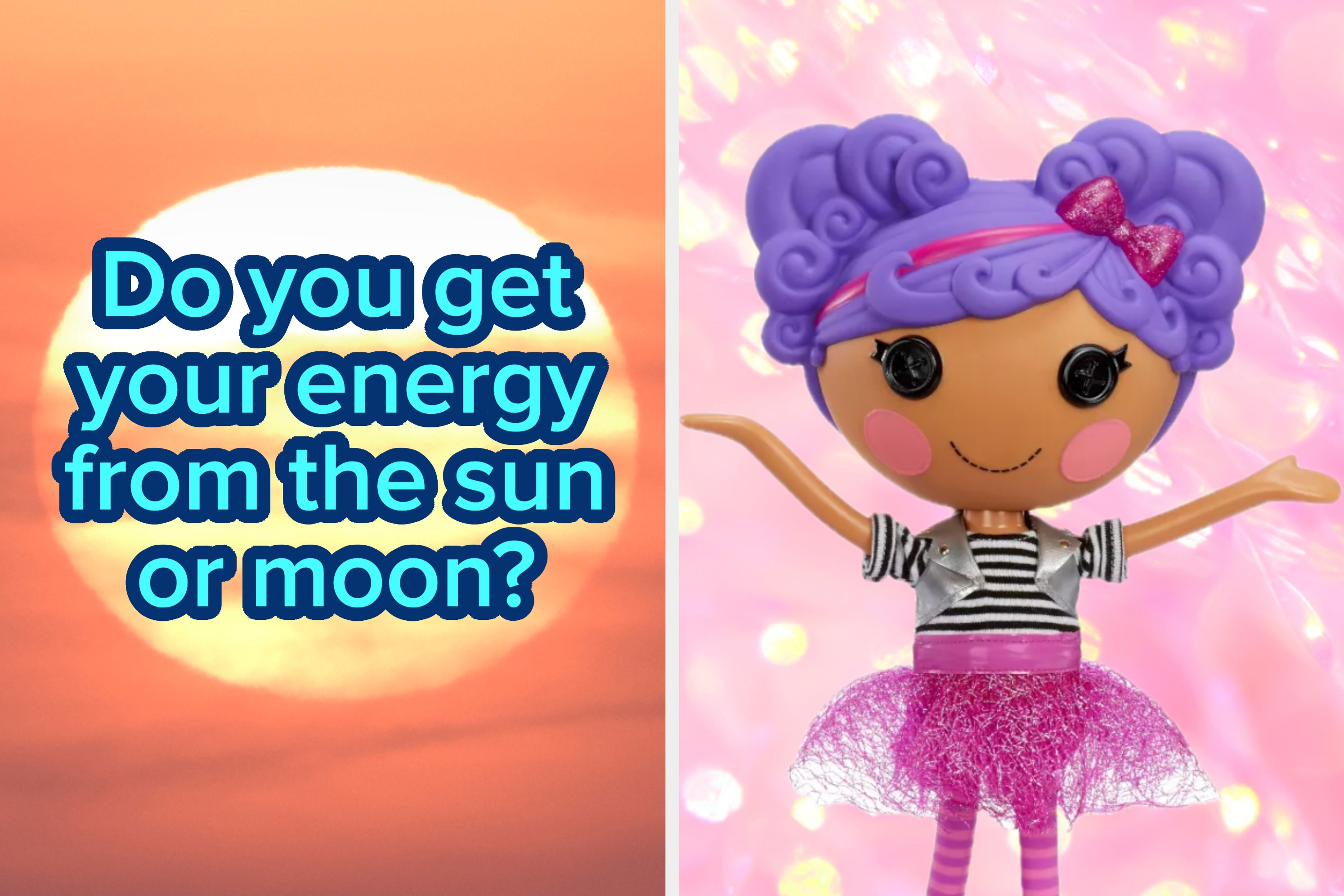 Sunrise background with text "Do you get your energy from the sun or moon?" alongside a doll with purple hair, black stripe top, and pink tutu