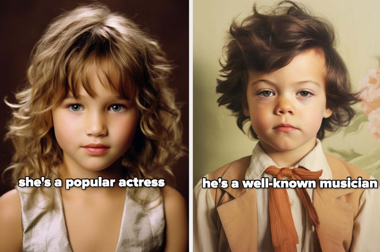 Two young children: one girl with curly hair, described as a popular actress, and one boy with wavy hair, described as a well-known musician