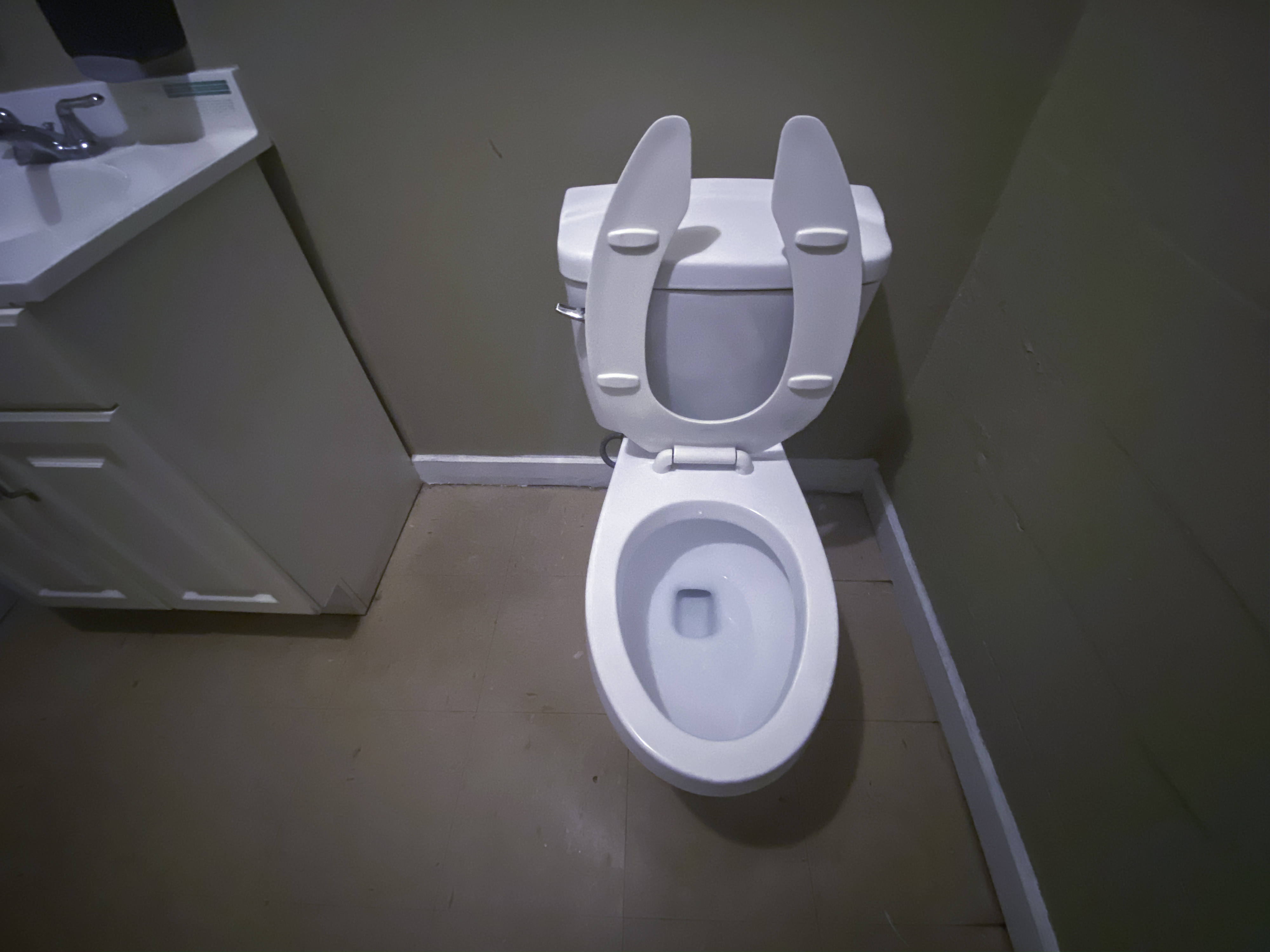 A clean toilet with the lid and seat raised is positioned in a corner near a sink and cabinet in a bathroom