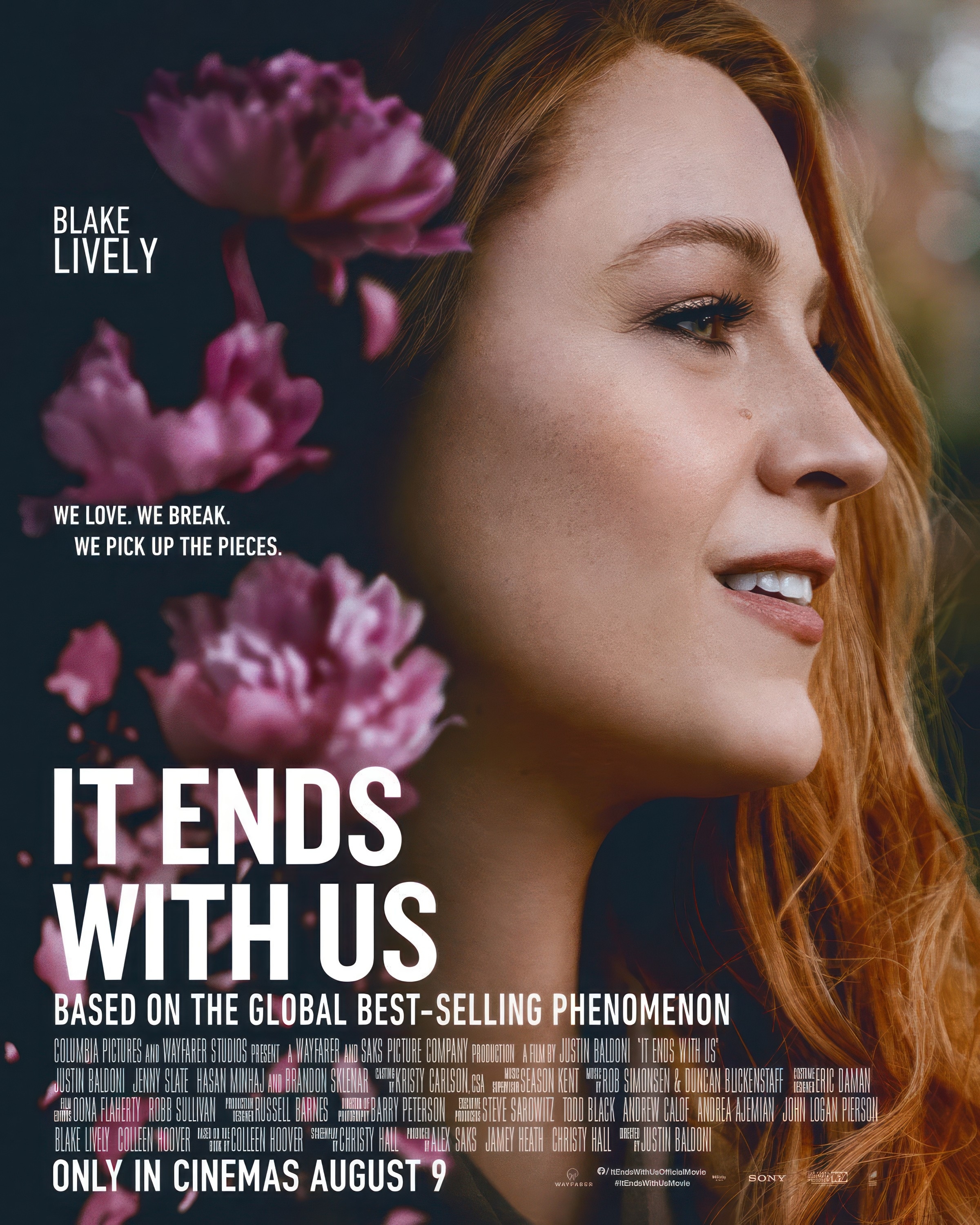 Blake Lively on a movie poster for "It Ends With Us." Text reads: "We love. We break. We pick up the pieces." In cinemas August 9
