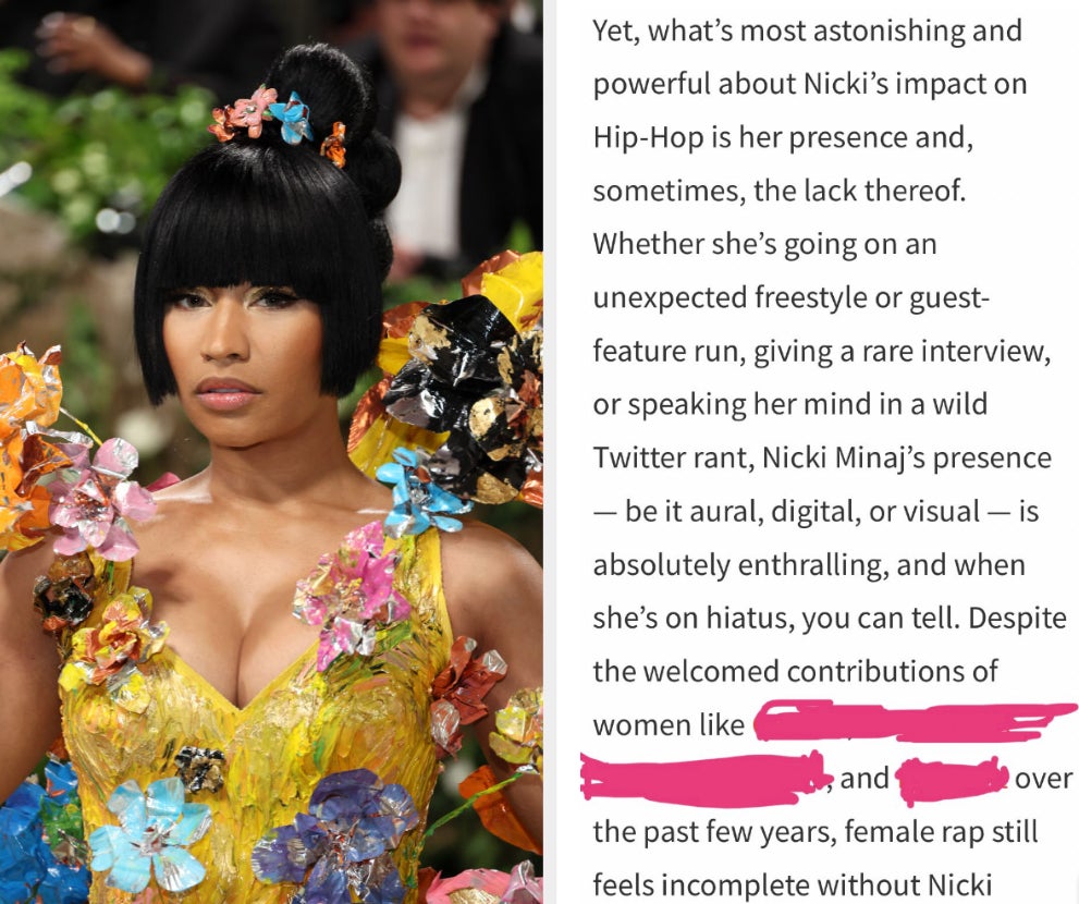 Nicki Minaj at an event, wearing a detailed floral dress with various accessories in her hair. Text beside her discussing her impact on hip-hop
