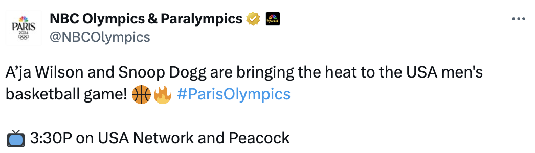 Tweet from NBC Olympics & Paralympics mentions A'ja Wilson and Snoop Dogg attending the USA men's basketball game, airing at 3:30 PM on USA Network and Peacock