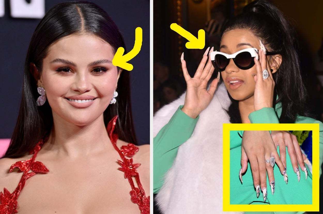 Selena Gomez in a floral gown and Cardi B in sunglasses and long, adorned nails at an event