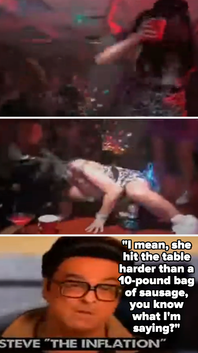 Party scene with a woman falling on a table, followed by narrative text over a man's image: "I mean, she hit the table harder than a 10-pound bag of sausage, you know what I'm saying?"